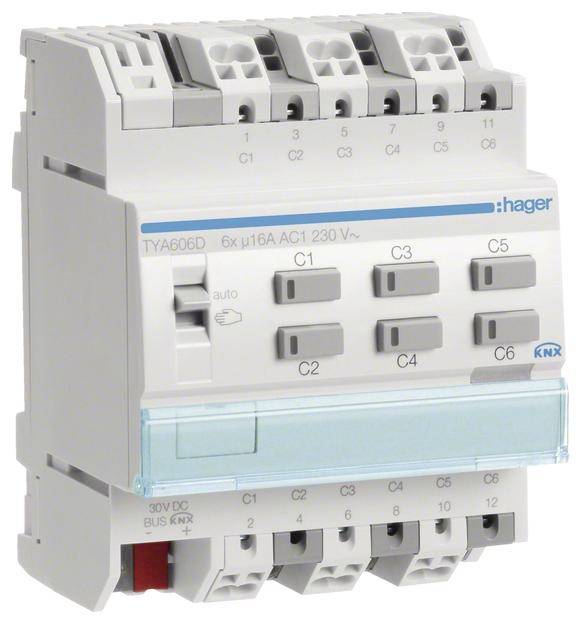 Ein KNX-Schaltaktor von Hager mit der Bezeichnung TYA606D, geeignet für 230V, 16A. Er hat sechs Kanäle, jeweils mit Kontrollknopf.