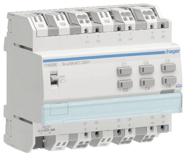 'Ein KNX-Schaltaktor von Hager mit sechs Kanälen und Tasten für manuelle Steuerung. Beschriftet mit 'TYA606E' und technischen Spezifikationen.'