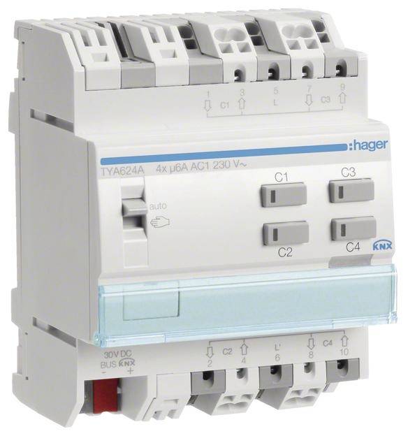 KNX Schaltaktor-Modul mit vier Kanälen, Beschriftung C1 bis C4, Markenname sichtbar. Geeignet für Gebäudeautomatisierung.