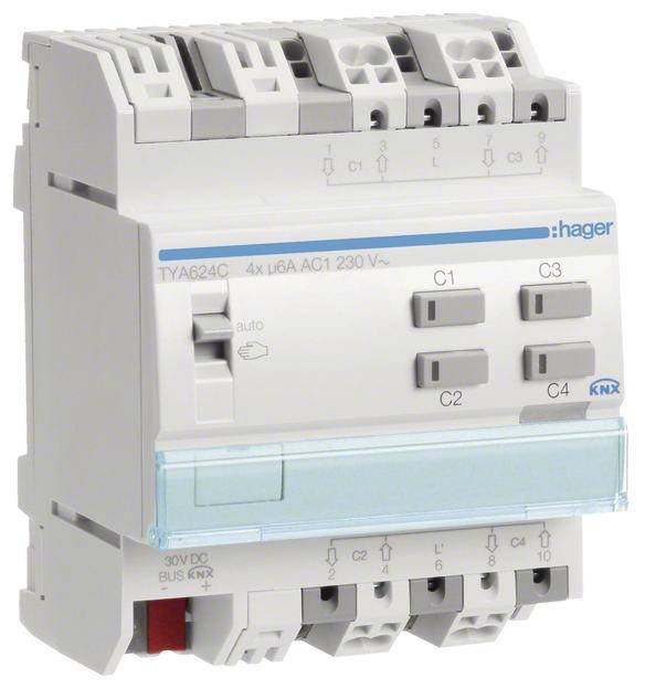 Ein KNX-Schaltaktor von Hager, Modell TYA624C, mit vier schaltbaren Kanälen und Automatikmodus. Links Schalter und LEDs.