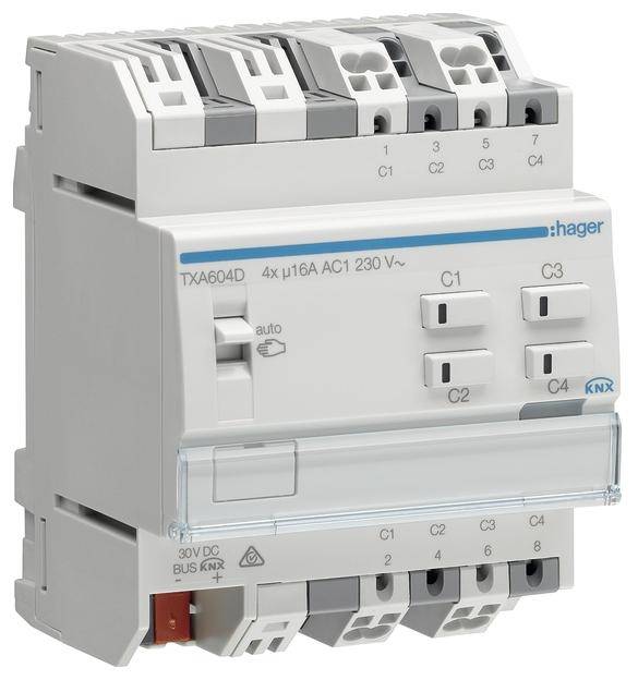 Ein Hager KNX Schaltaktor TXA604D mit 4 Kanälen, geeignet für 230 V AC, zeigt die Anschlüsse und Bedienelemente an der Vorderseite.