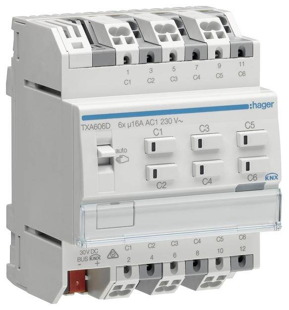 Ein weißes elektrisches Gerät mit sechs Schaltern und Beschriftung 'Hager'. Es dient zur Steuerung von elektrischen Schaltkreisen.