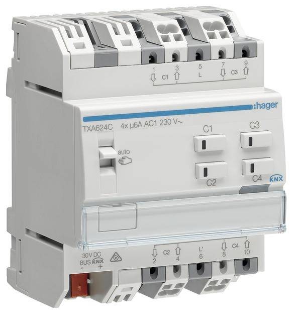 Ein KNX-Steuergerät mit vier Kanälen und einer Spannung von 230 V, Modellnummer TXA624C von Hager, für automatisierte Gebäudesteuerung.