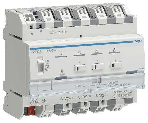 Ein elektrisches Schaltgerät mit mehreren Schaltern und Anschlussmöglichkeiten, geeignet für Lastregelung und Automatisierung.