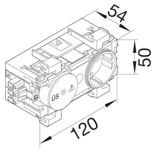 Technische Zeichnung eines rechteckigen elektrischen Bauteils mit Maßen: Breite 54 mm, Höhe 50 mm, Länge 120 mm, markiert mit 'ÜS'.