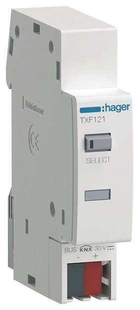 KNX Mediakoppler der Marke Hager, Modell TXF121. Geeignet zur Verbindung von Mediengeräten mit dem KNX-Bussystem.