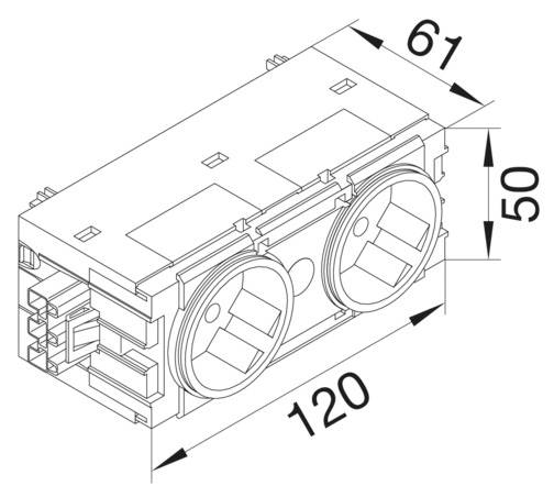 Isometrische Zeichnung eines rechteckigen Steckermoduls mit zwei runden Steckbuchsen. Maße: 120 x 61 x 50 mm.