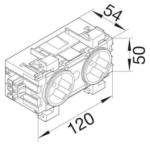 Technische Zeichnung einer rechteckigen Komponente mit den Maßen 120 x 54 x 50 mm und zwei runden Öffnungen auf der Vorderseite.