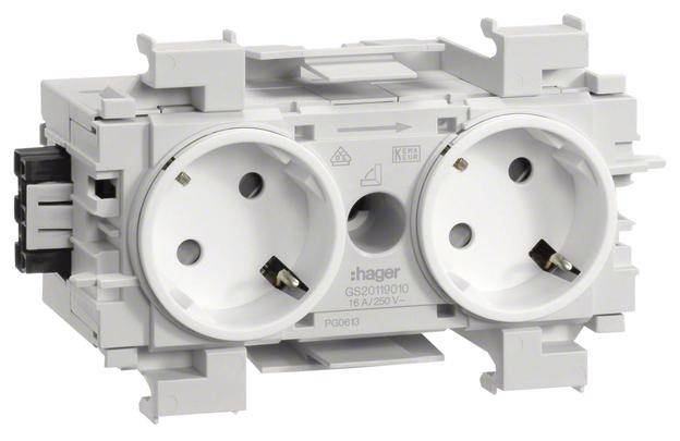 Doppelsteckdose Hager GS201B, 16A/250V, grau, zwei weiße Kreise für Stecker, rechteckiges Gehäuse, seitliche Befestigungselemente.