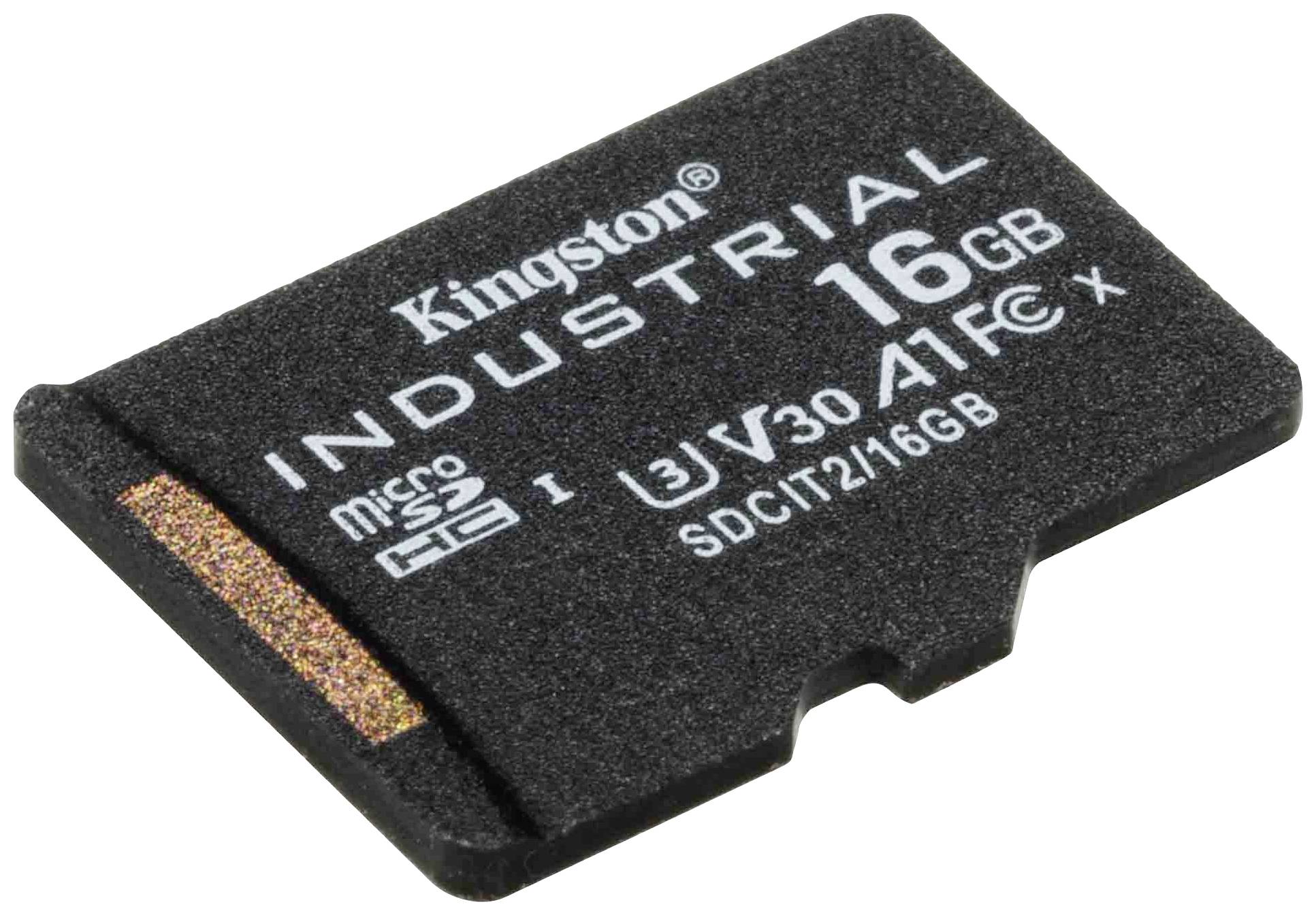 Eine Kingston Industrial microSD-Karte mit 16 GB Kapazität, geeignet für anspruchsvolle Umgebungen und schnelle Datenübertragung.
