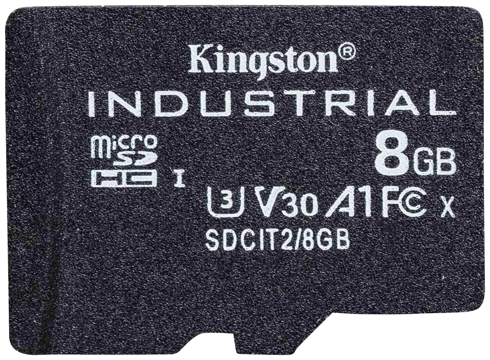 Eine schwarze microSD-Karte der Marke Kingston mit der Aufschrift 'INDUSTRIAL 8GB, U3 V30 A1'.