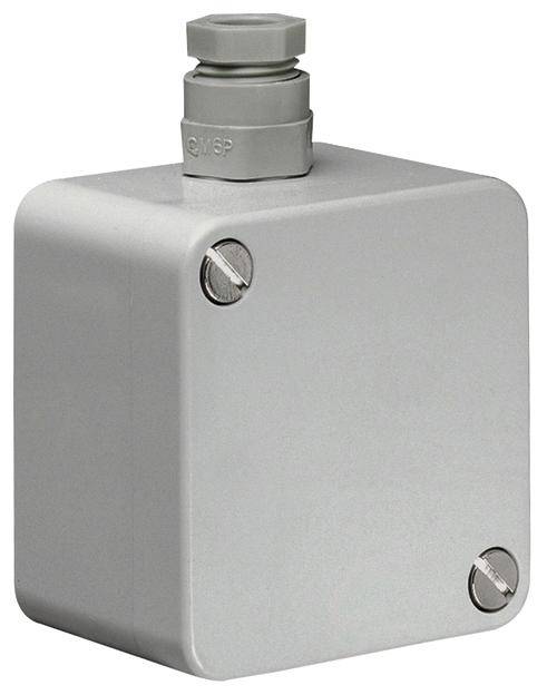 Grau-schwarzer elektrischer Anschlusskasten mit zwei Schrauben an der Frontseite, geeignet zur Verteilung von Kabelverbindungen.