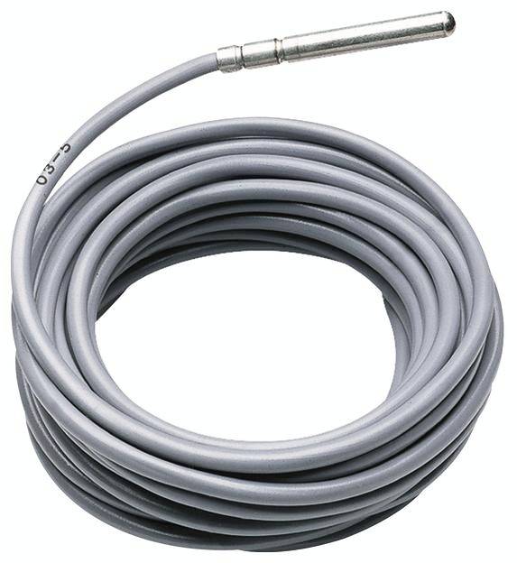 Graues, aufgewickeltes Kabel mit einem Metallstecker am Ende, möglicherweise für elektronische Geräte oder Sensoren.