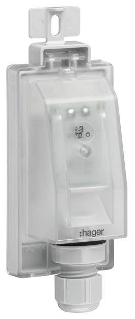 Ein weißer elektrischer Schalter von Hager in einem transparenten Kunststoffgehäuse, geeignet für den Außenbereich.
