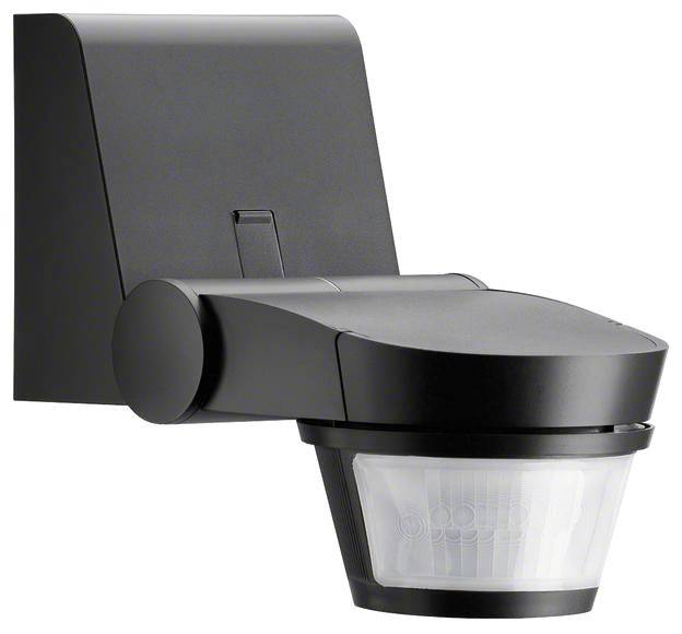 Bewegungsmelder in modernem, schwarzem Design an einer Wand montiert. Eignet sich zur automatischen Beleuchtungssteuerung.