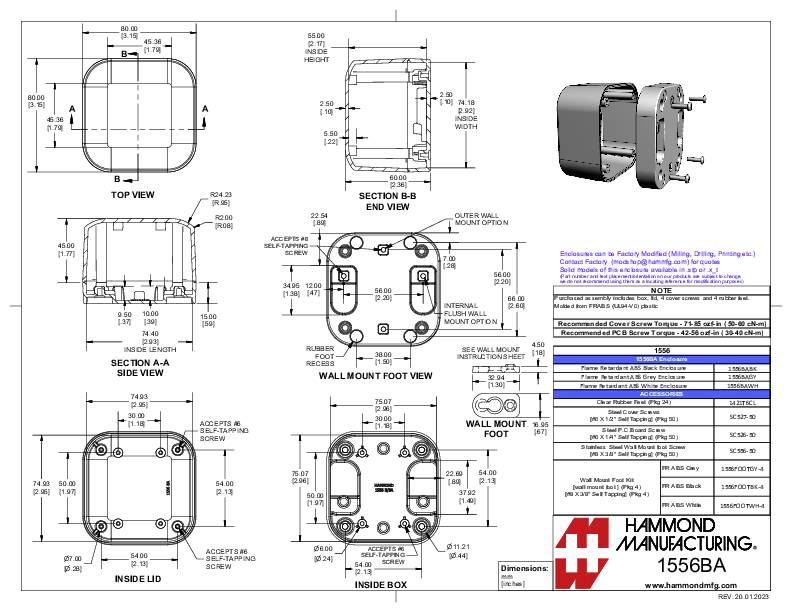Technische Zeichnung eines rechteckigen Gehäuses von Hammond Manufacturing, Modell 1556B, mit mehreren Ansichten und Abmessungen.