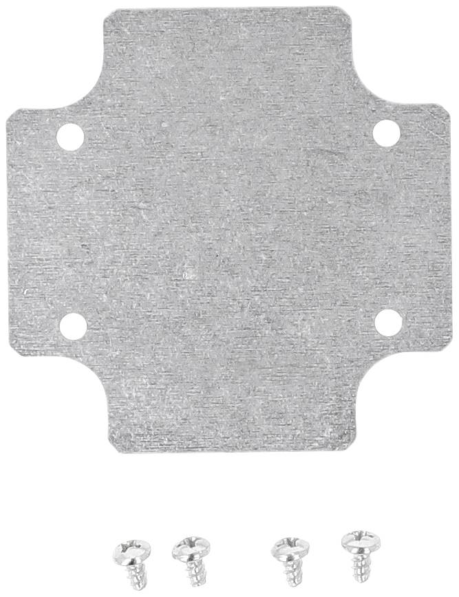 Metallplatte mit vier abgerundeten Ecken und vier Löchern, angezeigt mit vier kleinen Schrauben darunter.