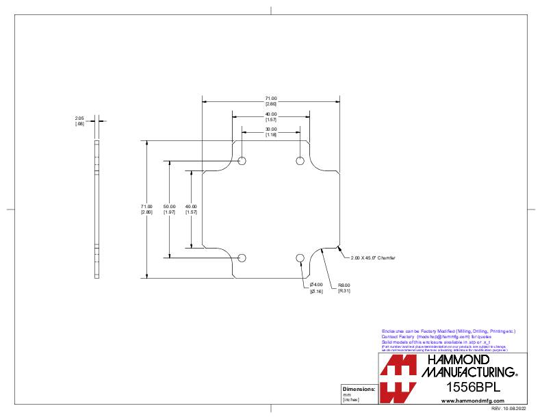 Technische Zeichnung eines rechteckigen Metallteils mit spezifischen Maßen und Bohrungspositionen in Millimetern und Zoll.