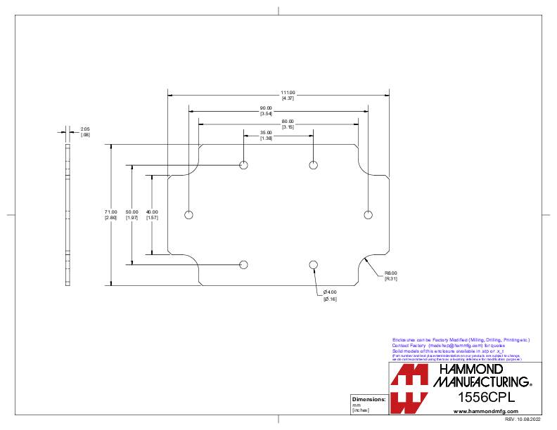 Technische Zeichnung einer rechteckigen Platte mit abgerundeten Ecken und Lochabständen in Millimetern. Enthält Maße und Bohrpositionsangaben.