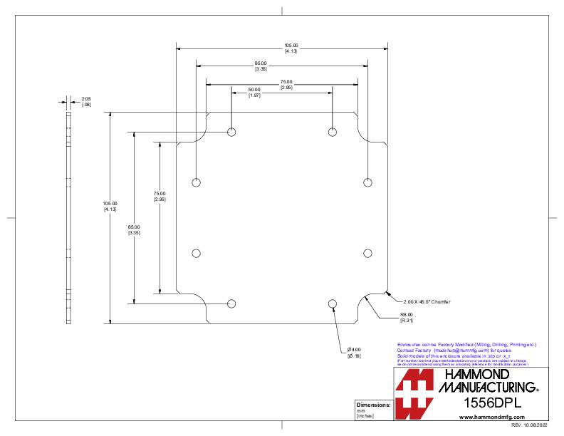 Eine technische Zeichnung mit den Maßen eines Metallteils: Breite und Höhe sind 120 mm, mit mehreren Bohrungen und einer Fase von 0,60 x 45°.