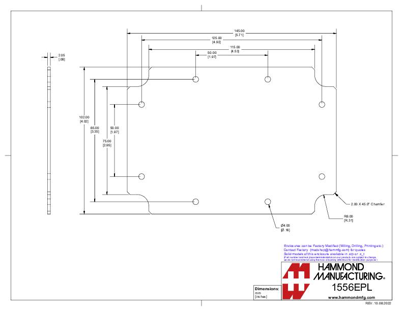 Technische Zeichnung eines Gehäuseteils mit genauen Maßen und Bohrungsdetails von Hammond Manufacturing.