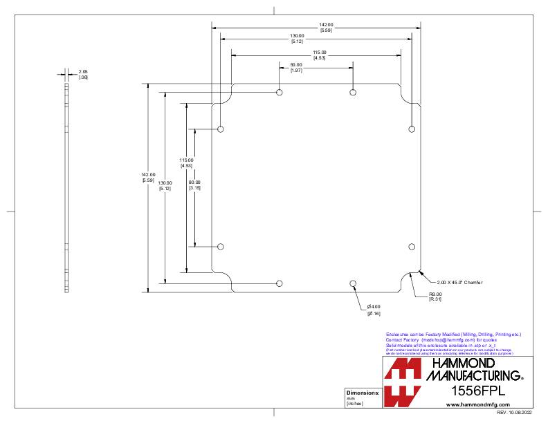 Technische Zeichnung eines rechteckigen Metallstücks mit detaillierten Abmessungen und Bohrlöchern. Hersteller: Hammond Manufacturing.