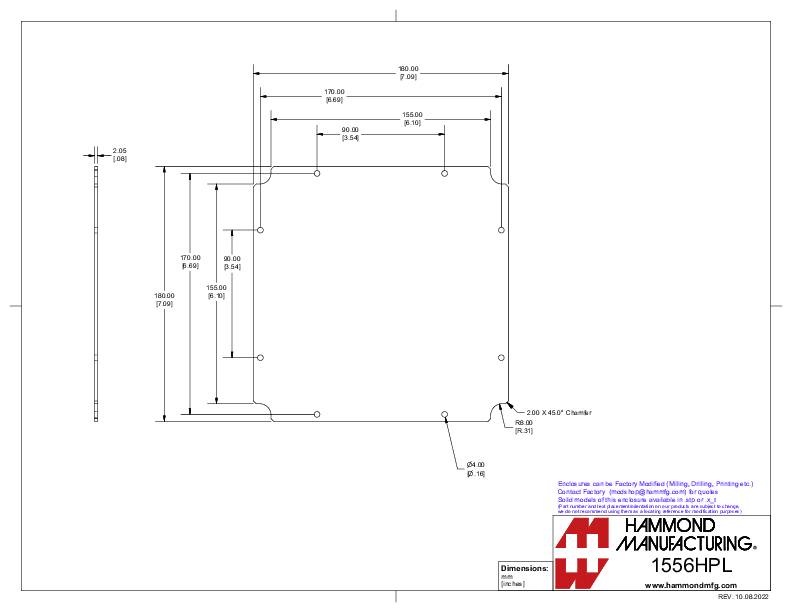 Technische Zeichnung eines Bauteils mit detaillierten Abmessungen und Beschreibungen. Hersteller: Hammond Manufacturing, Modell 1556HPL.