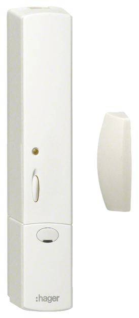 Ein drahtloser Fensterkontakt-Sensor von Hager, bestehend aus einem länglichen weißen Hauptkörper und einem kleineren Magnetteil.