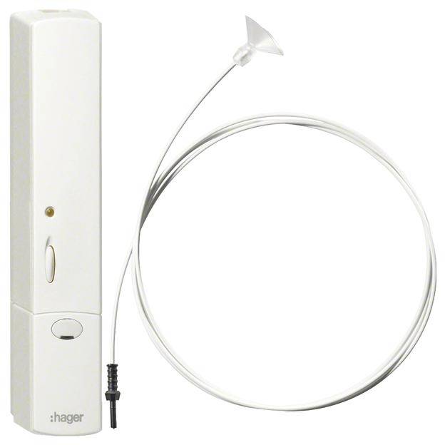Ein drahtloser Sensor von Hager zur Füllstandsmessung, mit weißem Gehäuse und einer angeschlossenen Messsonde.