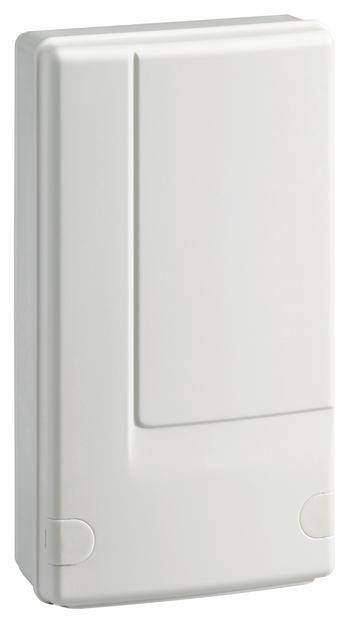 Ein rechteckiger, weißer Kunststoffkasten mit abgerundeten Ecken, möglicherweise ein elektrisches Gehäuse oder Verteilerkasten.