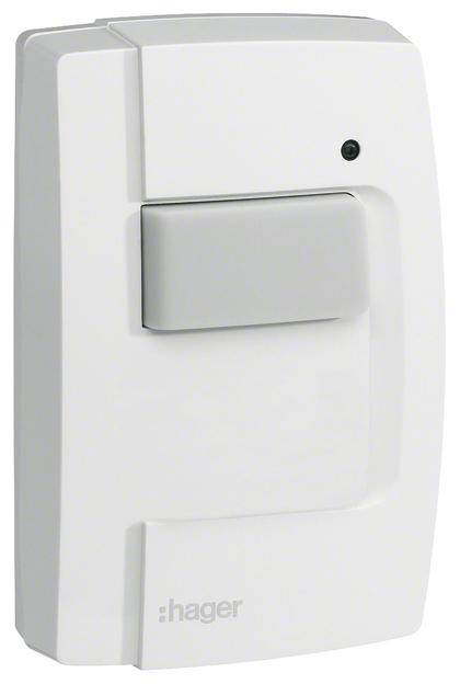 Weißer elektrischer Wandschalter mit grauem Kippschalter und 'Hager'-Logo unten.