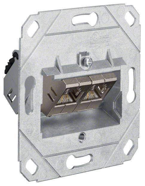 Metallene Netzwerkdose zur Wandmontage mit zwei RJ45-Anschlüssen, geeignet für Ethernet-Verkabelung in Gebäuden.