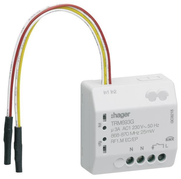 Ein weißes Hager TRM693G Unterputzmodul mit Drähten in Gelb, Rot und Weiß. Es zeigt technische Details und Anschlüsse.