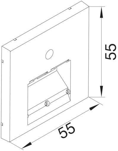 Zeichnung eines quadratischen Gehäuses mit den Maßen 55x55 mm. Enthält einen inneren Ausschnitt und zwei Befestigungspunkte.