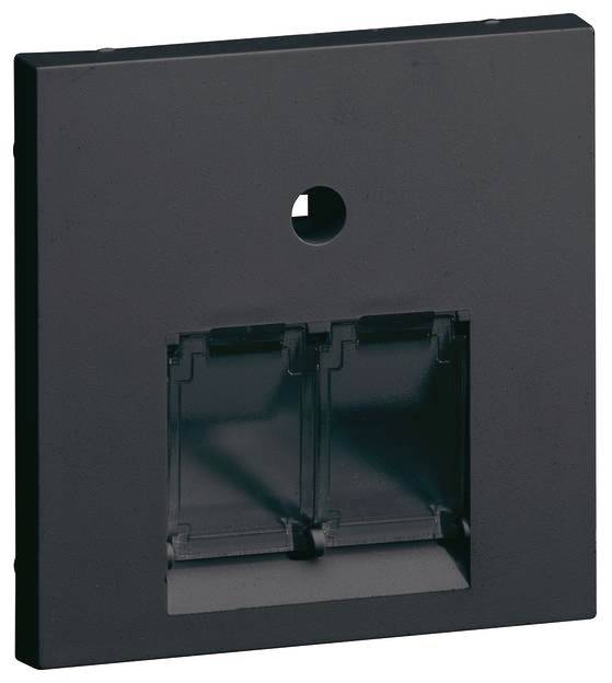 Schwarze Abdeckplatte mit zwei Öffnungen für Netzwerkanschlüsse, rechteckige Form, mit rundem Loch oben, modern und minimalistisch.