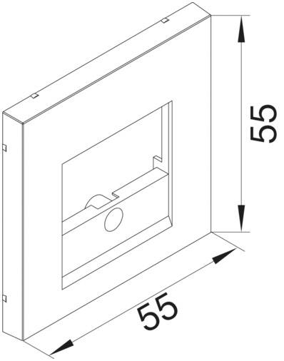 Technische Zeichnung eines quadratischen Abdeckrahmens mit den Maßen 55x55 mm, zeigt Befestigungsdetail in der Mitte.