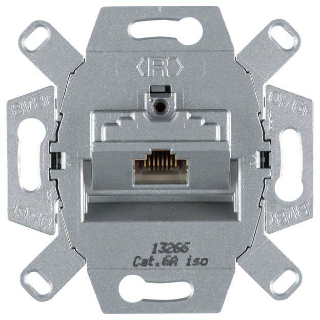 Netzwerkanschlussdose mit RJ45-Buchse, geeignet zum Einbau in eine Wand. Silbernes Gehäuse mit Befestigungslöchern.