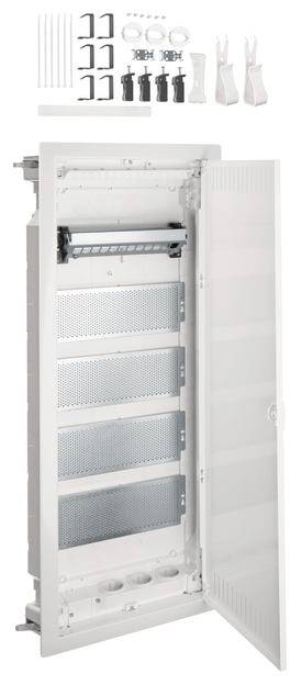 Großer weißer Wandverteilerkasten mit offener Tür, zeigt innen Fächer zum Organisieren von Kabeln. Kit mit Halterungen und Kabelbindern oben.