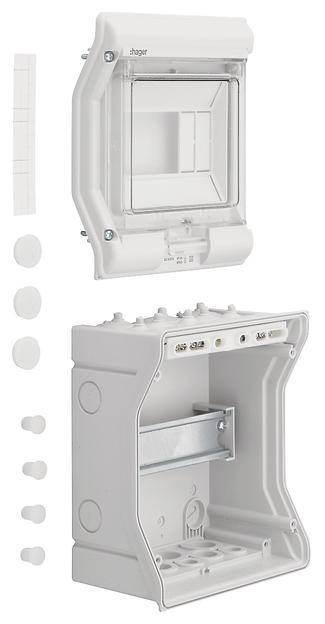 Weißes elektrisches Gehäuse zur Montage, bestehend aus abnehmbarem Deckel und Basis mit mehreren Öffnungen für Kabel und Anschlüsse.