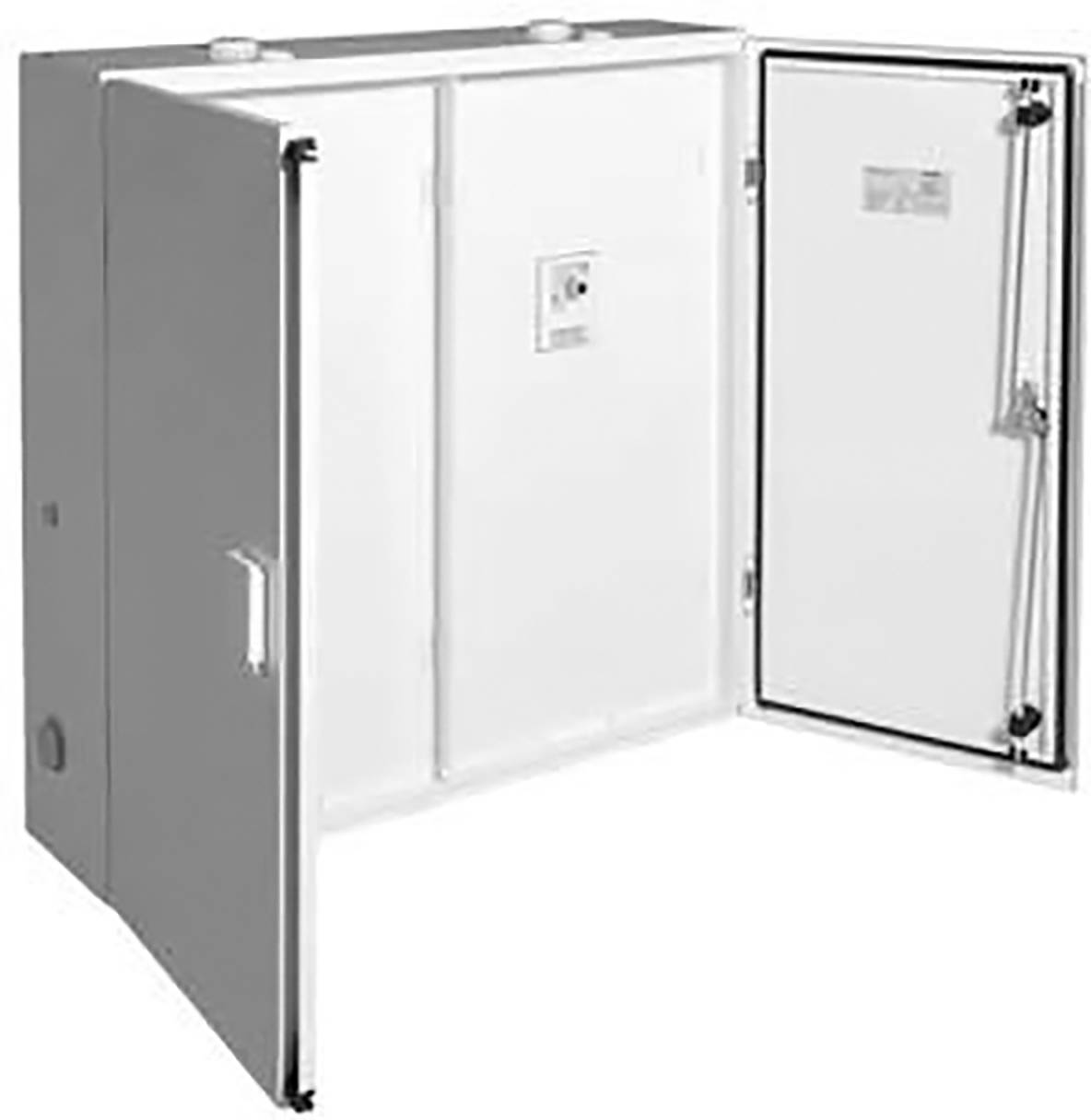 Ein geöffneter weißer Metallschrank mit sichtbarem Innenraum und Tür an der rechten Seite, geeignet für industrielle Lagerung.