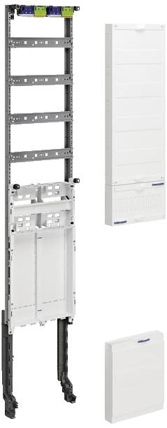 Installationssystem für Elektroverteilung: vertikale Montageschiene mit Modulrahmen, Abdeckung und Blende.
