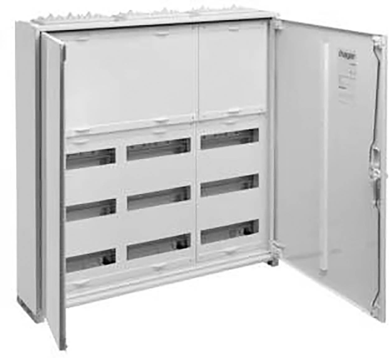 Offener Verteilerkasten mit mehreren Fächern und einer Tür, die nach rechts öffnet. Der Kasten ist für elektrische Verkabelung vorgesehen.