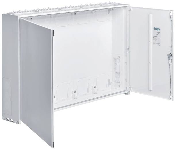 Offener weißer Schaltkasten mit mehreren Fächern und Türen. Geeignet zur Organisation und Sicherung elektrischer Verkabelung.