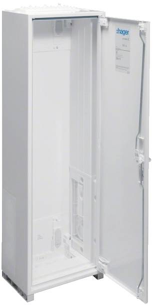 Ein weißer, geöffneter Schaltschrankschrank mit Etikett der Marke oben rechts. Der Innenraum ist leer und bietet Platz für elektrische Komponenten.