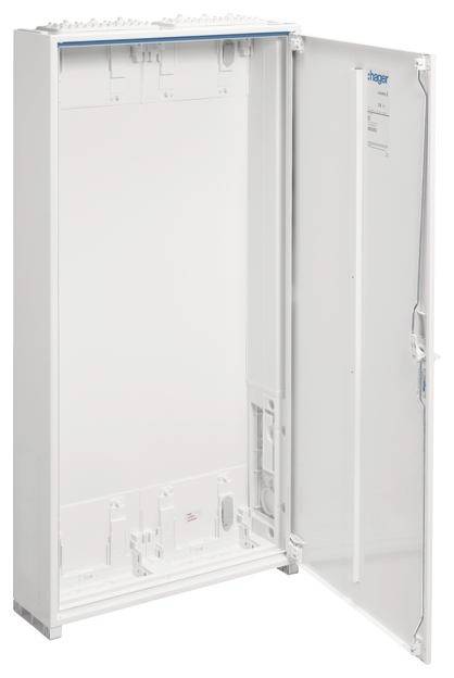 Ein weißer, offener Elektronikverteilerkasten mit seitlich angebrachter Tür, geeignet zur Installation und Organisation elektrischer Komponenten.