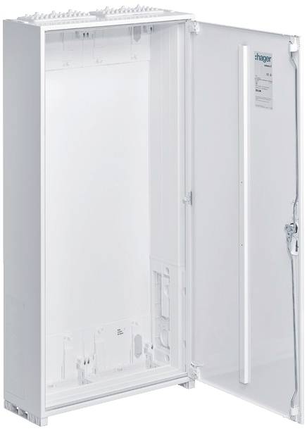 Offener weißer Verteilerkasten ohne sichtbare elektrische Bauteile. Links ist die Vorderseite des Schrankes; rechts die geöffnete Tür.