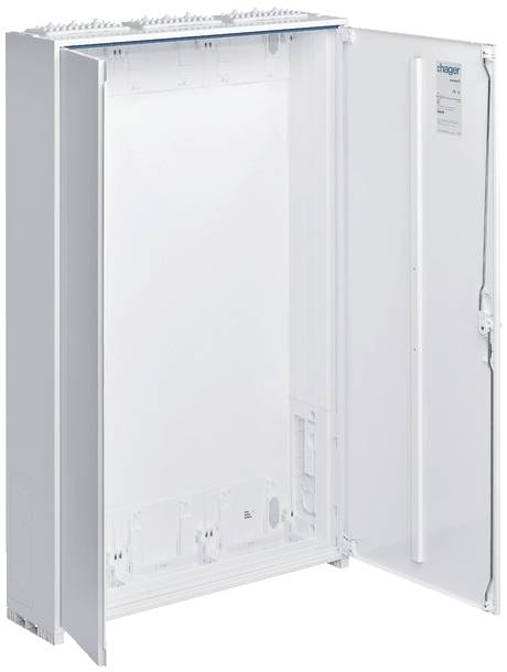 Ein leerer, geöffneter elektrischer Verteilerkasten von Hager, ohne installierte Komponenten, gezeigt von vorn mit geöffneter Tür.