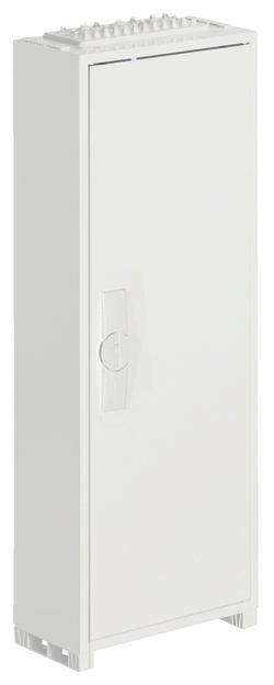 Ein weißer, hoher Schrank, aufrecht stehend, mit einer durchgehenden Tür und einem Griff in der Mitte.