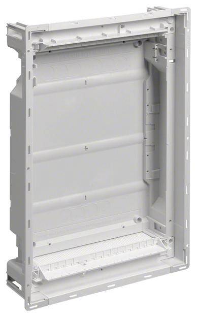 Grauer, rechteckiger leerer Schrank mit Fächern und Halterungen, vermutlich für elektrische oder technische Installationen.