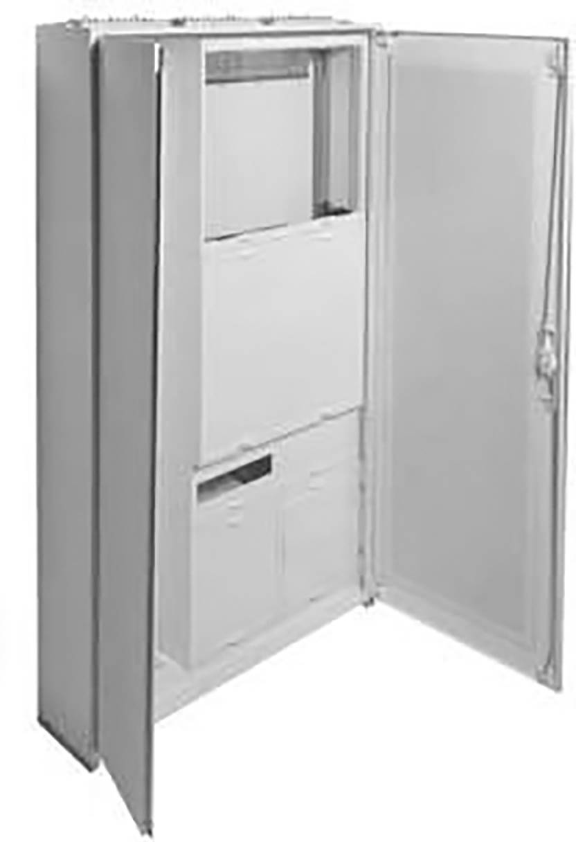 Weißer, geöffneter Schaltschrank mit mehreren Fächern und einer Tür, die nach rechts schwingt.